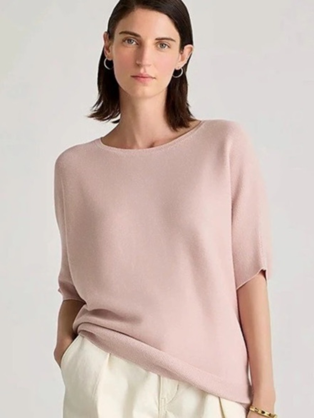 Quince Lightweight Cotton Cashmere Link-Stitch Dolman Sweater Sugar Stone Large